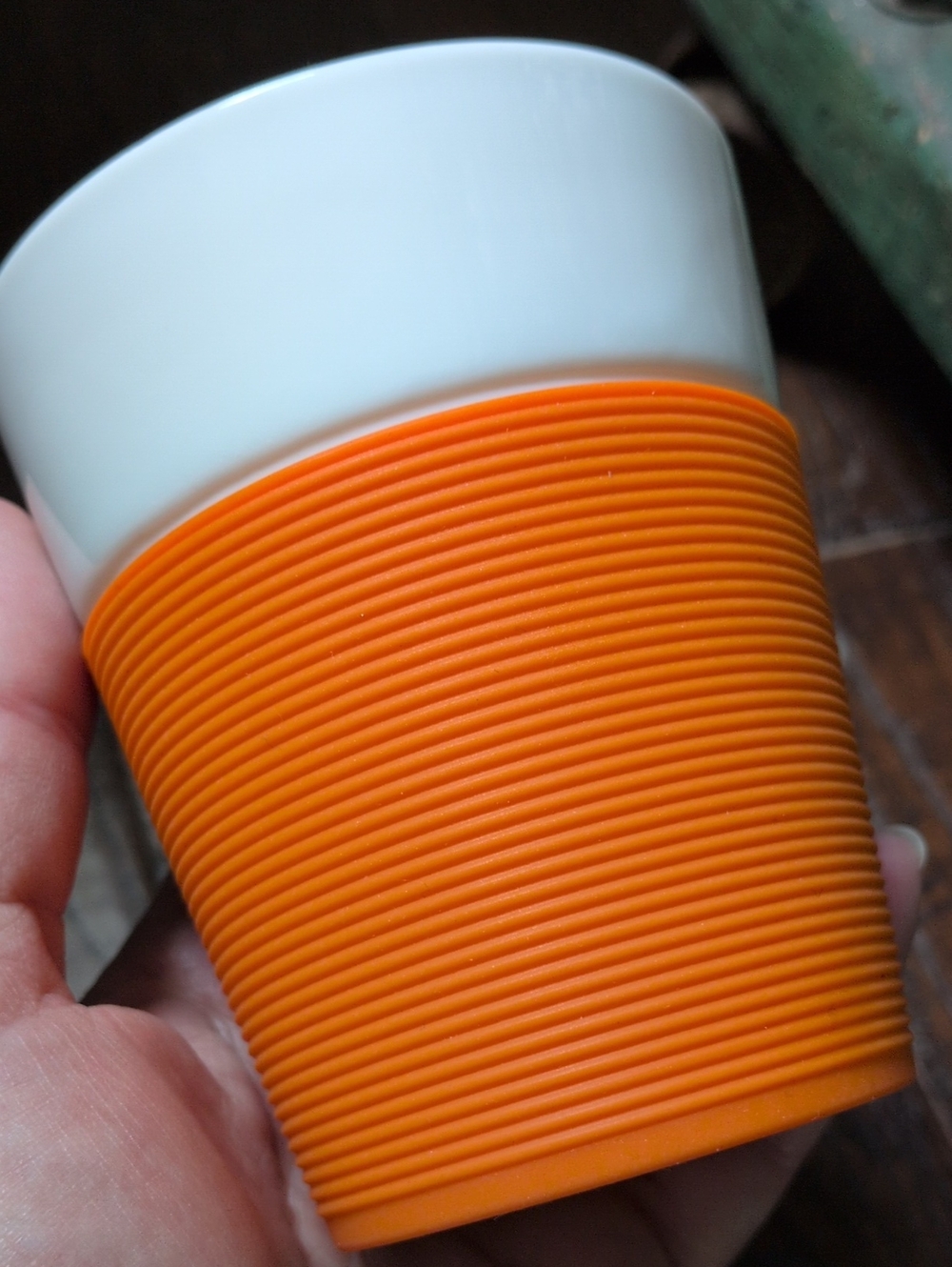 BODUM I VTG 90s White Ceramic Porcelain Bistro Mug Cup w/ Orange Silicone Sleeve